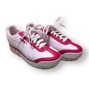 Puma Roma Amor Sneakers Logo NYC Womens Size 7 White Dark Pink Wedge‎ Shoes